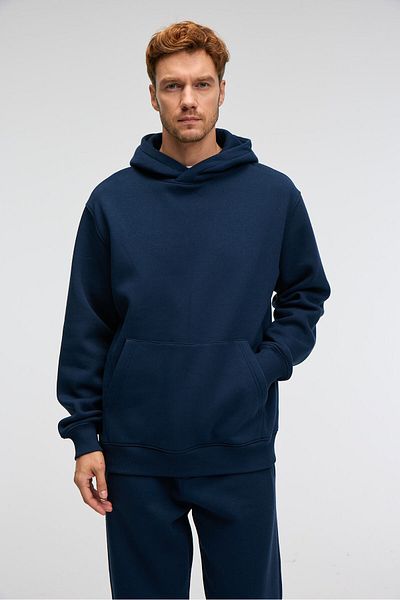 GRIMELANGE Amos Men's Soft Fabric 3 Thread Oversize Hooded Navy Blue Sweatshirt with Kangaroo Pocket