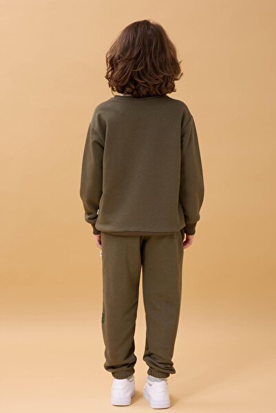 Perendi Boy's Crew Neck Embroidered Seasonal Double Suit - Khaki