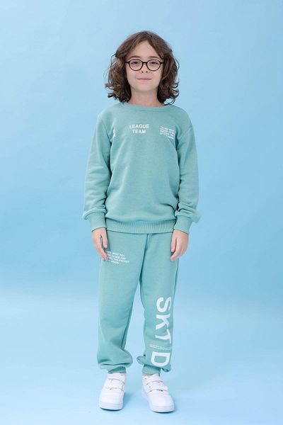 Perendi Boy's Crew Neck Printed Seasonal Top and Bottom Set - Çağla