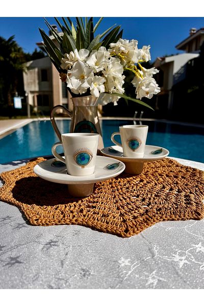 MAMALİZA Set of 2 Evil Eye Patterned Porcelain Turkish Coffee Cups – 90 ml