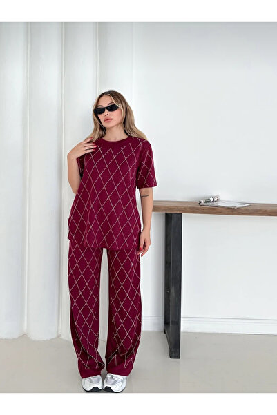 Aspendia Women's Burgundy Plaid Patterned Oversize Relaxed Cut Two-Piece Suit...