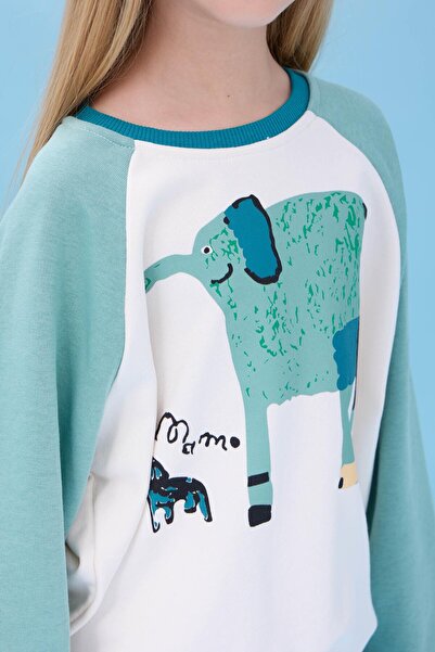 Perendi Εποχιακό φούτερ για κορίτσια με στάμπα ελέφαντα με λαιμόκοψη - Ecru/Çağla