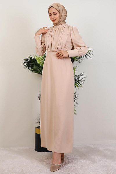 GİYZAMİLA Pleated Satin Dress from the Bust Cream