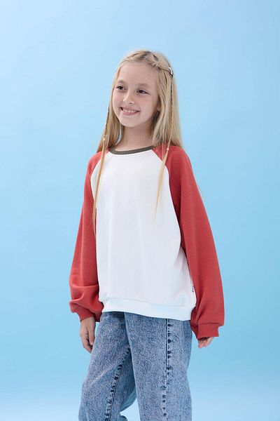 Perendi Girl's Crew Neck Colorful Basic Oversize Seasonal Nursery Sweatshirt - Ecru/Tile