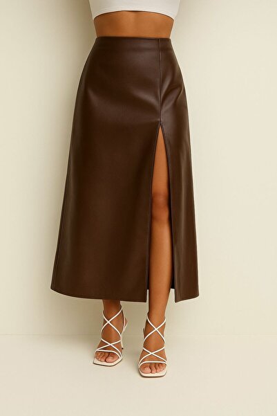 AL&SU BUTİK γυναικεία δερμάτινη φούστα μεσαίου μήκους με σχισμή μπροστά στο πόδι