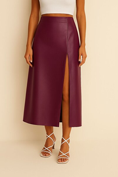 AL&SU BUTİK kadın deri midi boy ön baçak yırtmaçlı etek