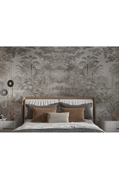 Tasarım Monochrome Palmiye Ağaçları ve Yapraklar Estetik Görünüm Duvar Kağıdı