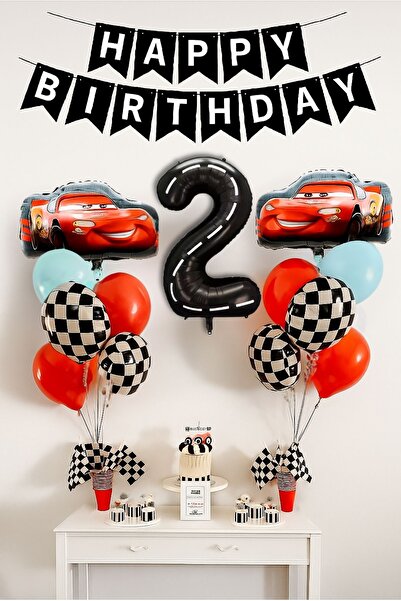 PARTİAVM مجموعة حفلات أعياد الميلاد لسيارة البرق بعمر سنتين، مجموعة بالونات ب...