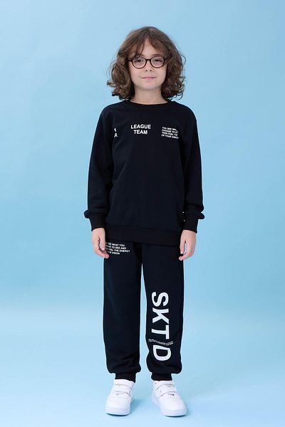 Perendi Boy's Crew Neck Printed Seasonal Top and Bottom Set - Black
