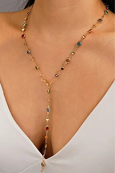 renery Renkli Y Kolye Yeni Sezon Tasarım Özel Seri Zirkon Taşlı Dekolte Kolye