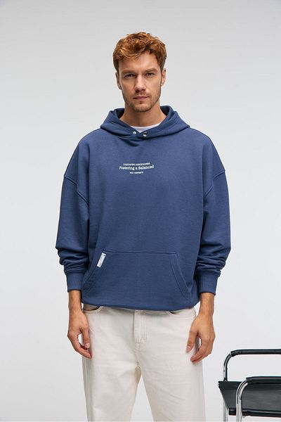 GRIMELANGE Clay Men's 100% Cotton Hooded Snap Fastener Printed Pocket Ornamental Label Indigo Sweatshirt
