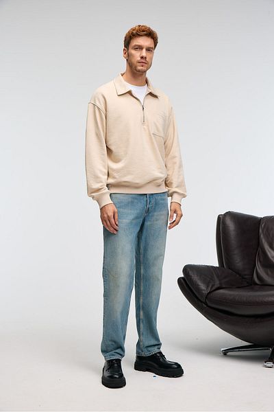 GRIMELANGE August Men's 100% Cotton Half Zip Collar Pocket Ornamental Label Beige Sweatshirt