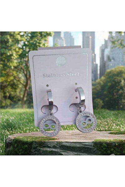 aytenli Round Top Side Ring Bottom Side Infinity Figured Stone Snap Closure Steel Earrings