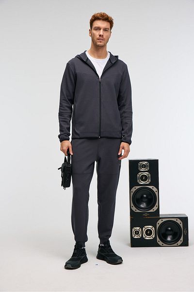 GRIMELANGE Gelido Men's Elastic Waist Cuffed Leg Drawstring Carioca Stitched Printed Anthracite Sweatpants
