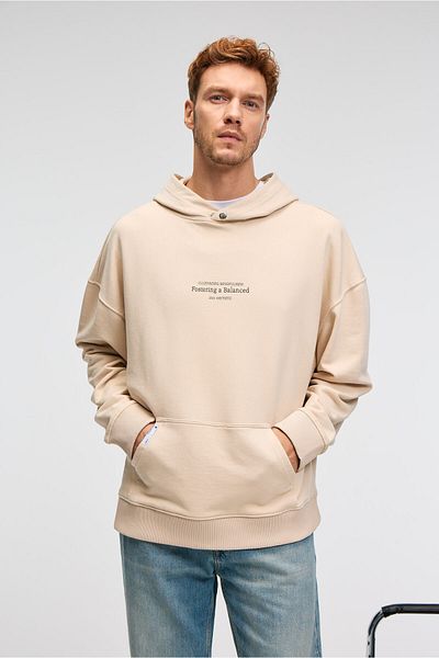 GRIMELANGE Clay Men's 100% Cotton Hooded Snap Fastener Printed Pocket Ornamental Label Cream Sweatshirt