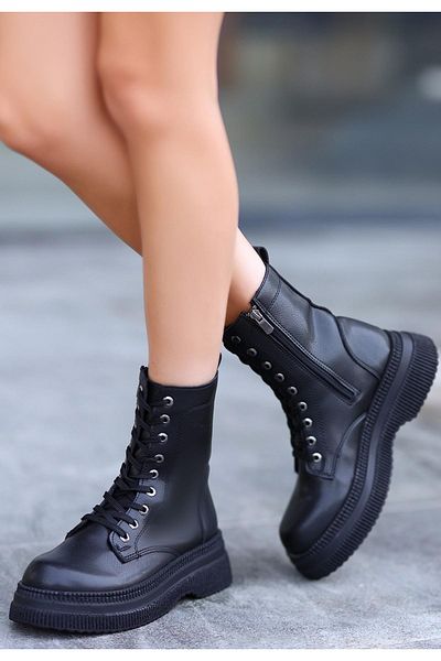 Celira Black Skin Lace Up Boots