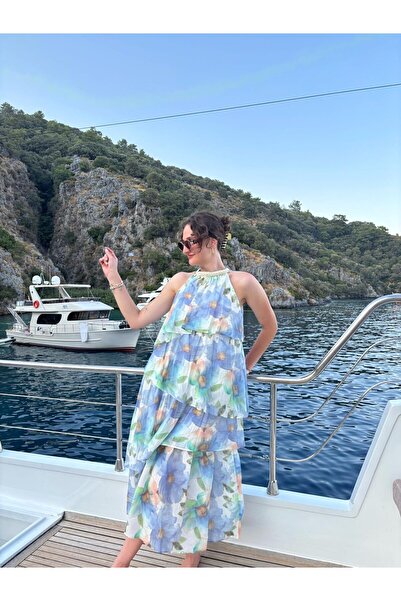 Sude Kızanlıklı Çiçek Desenli Deniz Kabuğu Detaylı Kat Elbise