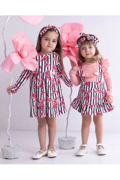Nicol Skirt with pink straps, black stripes, and flowers NANA size 98