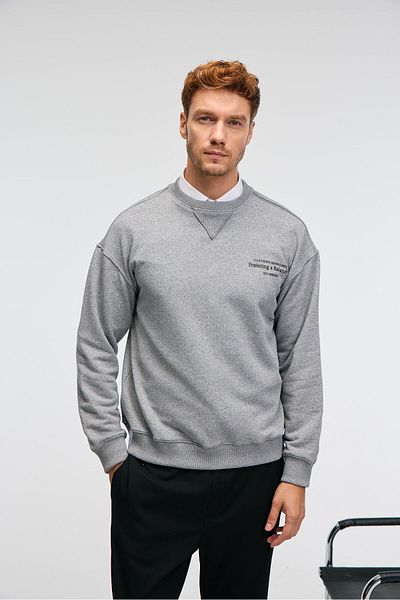 GRIMELANGE Caspian Men's 100% Cotton Crew Neck Karyoka Stitched Printed Anthracite Sweatshirt