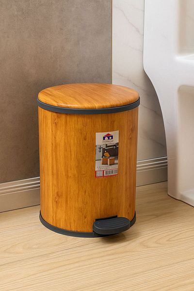 MOSTAFA Wood Color Waste Bin with Hydraulic Lid and Pedal, 9L