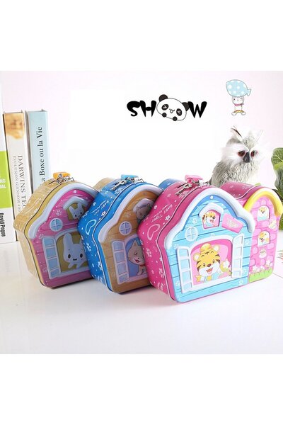 HEDİYE FİKRİ Sevimli Ev Çantalı Kilitli Metal Kumbara – Kedili, Aslanlı, Tavş...