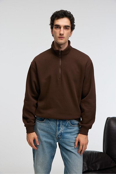 GRIMELANGE Baxter Men's Stand Collar Zippered Relaxed Brown Sweatshirt
