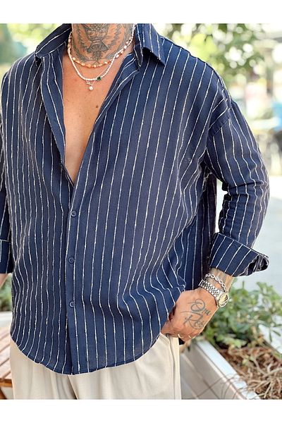 manch collection Oversize Striped Linen Shirt Navy Blue