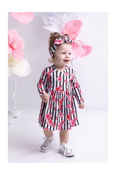 Nicol Cotton dress with long sleeves, stripes, and flowers Nana Pink Size 110