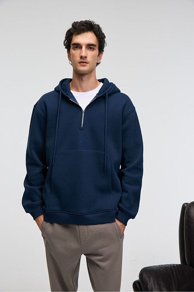 GRIMELANGE Justus Men's Hooded Kangaroo Pocket Zipper Collar Navy Blue Sweatshirt