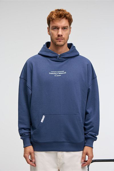GRIMELANGE Clay Men's 100% Cotton Hooded Snap Fastener Printed Pocket Ornamental Label Indigo Sweatshirt