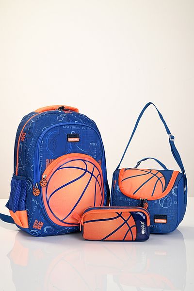 MUGGLE 5880 Basketball Themed 3-Piece School Bag Set (Backpack + Lunch Bag + Pen Holder) – Blue