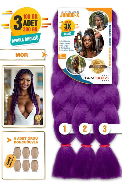 TAM TARZ 3 Pieces of Fiber Synthetic Hair for African Braiding - Purple + 6 Pieces of Braiding Beads