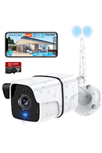 VisionHub Cameră de supraveghere wireless pentru interior/exterior, 5MP, conexiune telefonică, WIFI, 1080P FullHD, Tuya