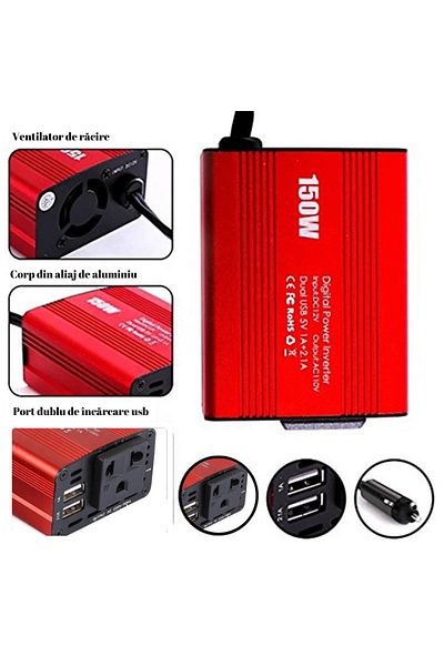 VisionHub Car inverter for car 150w, 12V to 220V, Voltage converter,fast charging usb port, 2.1A Dual USB, Red