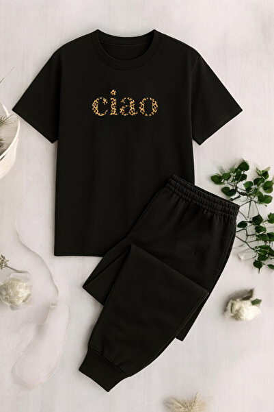 Trend Sizde Unisex Black Ciao Printed Top and Bottom Tracksuit Set