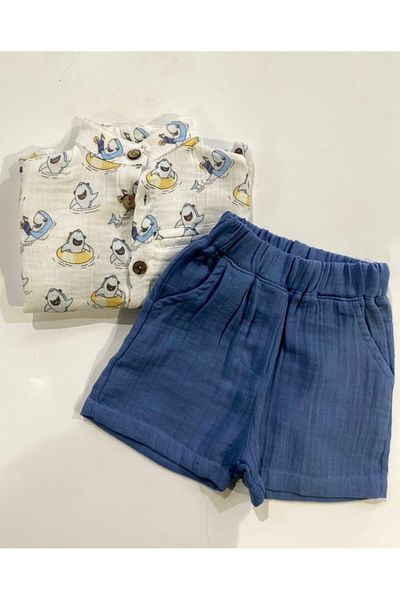 Bebeğin 50 Tonu Baby Boy Children's Special Design Pattern Shirt Shorts Muslin Suit 1-1.5 Years Old 2 Years Old 3 Years Old 4 Years Old 5 Years Old