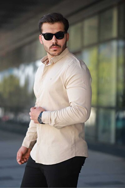 Newelli Erkek Slim Fit Uzun Kollu Özel Günler İçin Uygun Bej Gömlek
