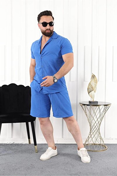 MCZ GİYİM Ανδρικό σορτς λινό Sax Blue Color Slim Fit - Σετ πουκάμισο και κάτω μέρος
