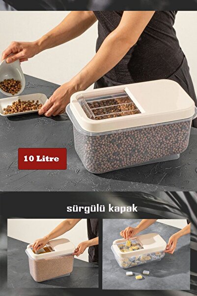 Evvano Sürgülü Kapaklı 10 LT Erzak Bakliyat Un Şeker Saklama Kabı