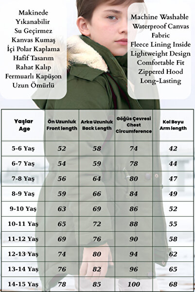 Pantulux Erkek Çocuk Su Geçirmez Makinede Yıkanabilir Kanvas Kumaş Kalın Kışlık Mont