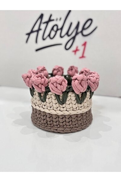 Atölye Artı 1 El Örgüsü Sepet / Çiçekli Sepet / Çok Amaçlı Sepet