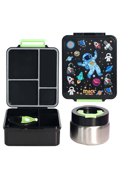 Snack Attack Black Astro Kids Bento Lunch Box with Thermos Jar