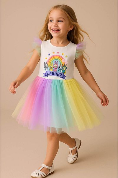 falcomini Girl's Labubu Printed Tulle, Birthday Party Dress for Special Occasions 2/6 Years