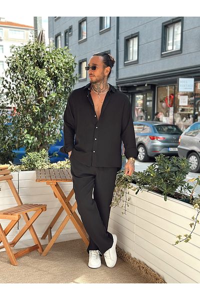 manch collection Muslin Fabric Shirt-Pants Set Black