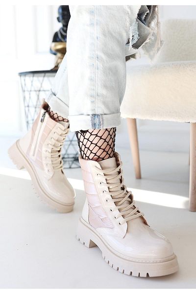 Celira Beige Patent Leather Lace up Boots