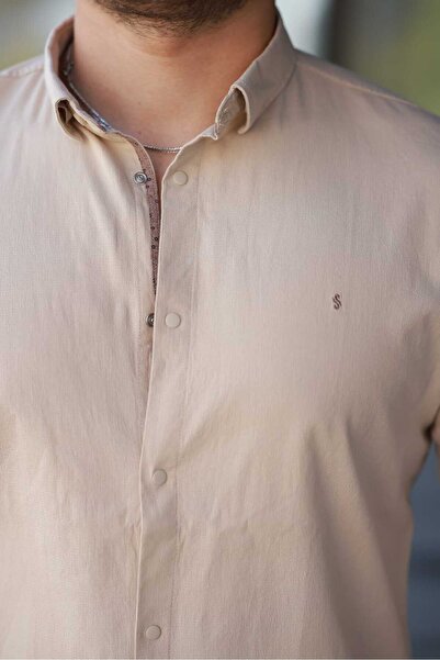 Newelli Erkek Slim Fit Uzun Kollu Özel Günler İçin Uygun Bej Gömlek