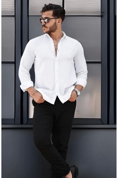 daniel milano Men's Muslin Fabric Long Sleeve Collar White Shirt