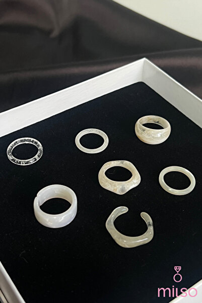 MİLSO Set of 7 Pearl White Shades Acrylic Women's Bohemian Chic Rings – Minim...