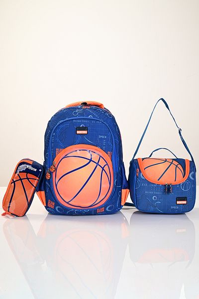 MUGGLE 5880 Basketball Themed 3-Piece School Bag Set (Backpack + Lunch Bag + Pen Holder) – Blue
