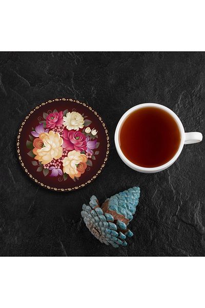 Valerine Life Yellow Pink Rose Patterned Washable Non-Slip Office Tea and Cup Coaster 10X10Cm 6 Pieces